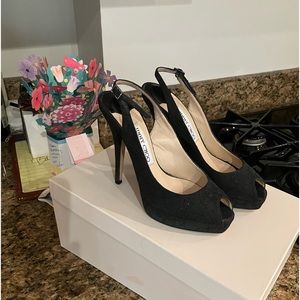 Jimmy Choo platform sling heels. Black silk with lace overlay.